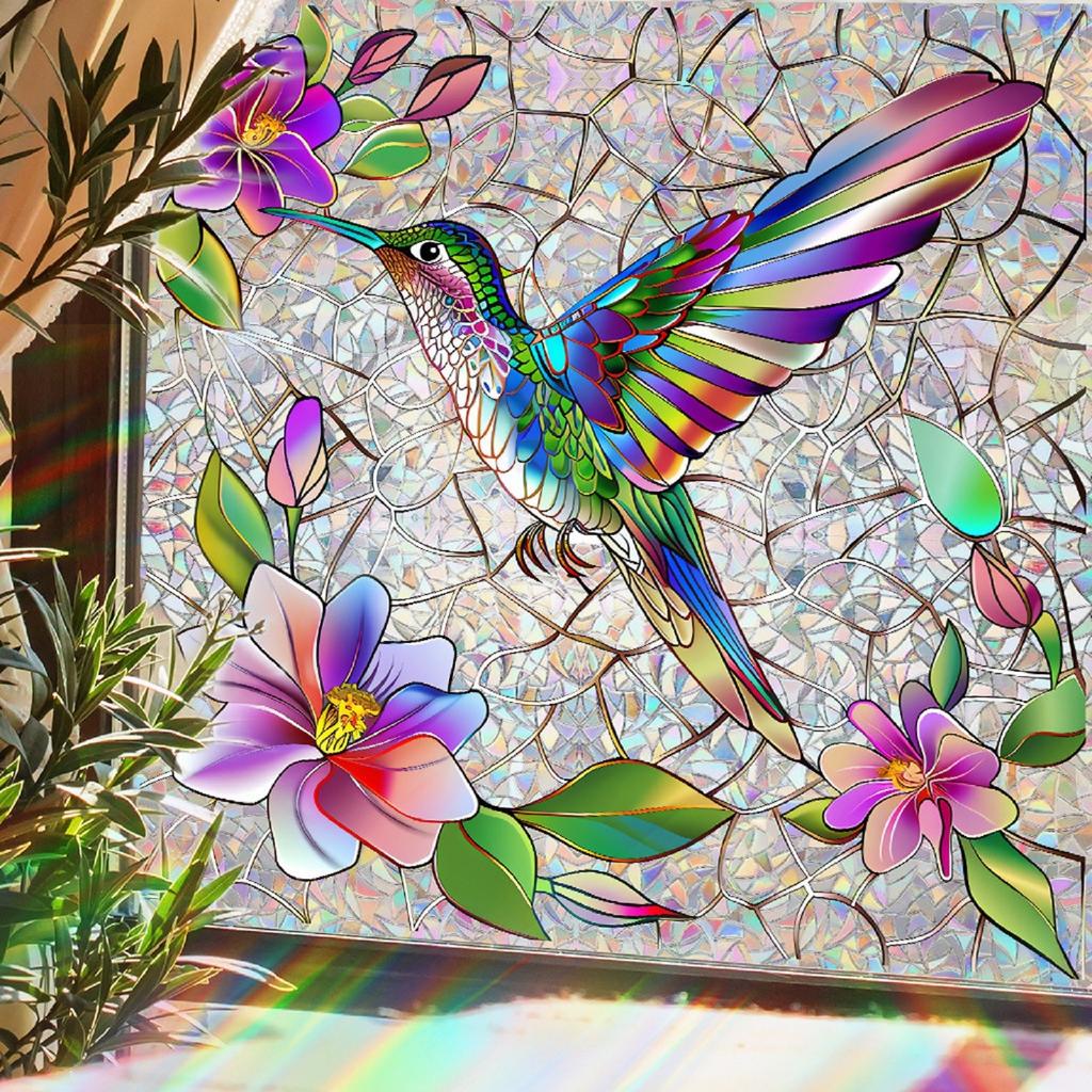 Holiday Sticker Colored Glass Hummingbirds And Flowers Artistic Gorgeous Home Wall Stickers Art DIY Home Wall Decoration Gifts