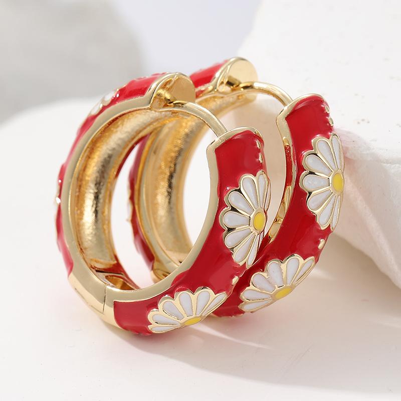 Vintage Artificial Enamel Red Flower Golden Plated Hoops Earrings for Women  Holiday Party Jewelry Exquisite Accessories