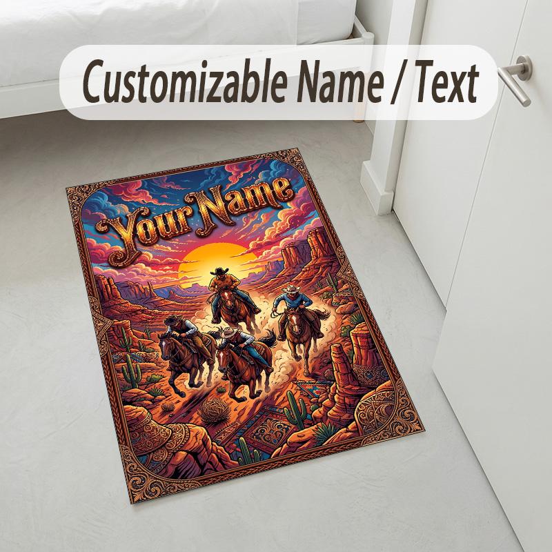 Western Sunset Theme Soft Crystal Velvet Rug Custom Name & Text Print Non Slip Floor Rug for Bedroom Living Room