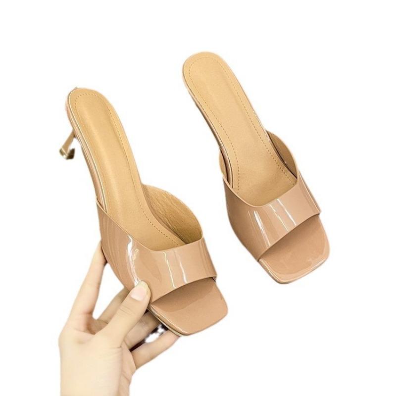 Patent Leather High-heeled Cool Slippers Women's Summer New Square-heeled Thin-heeled Plus-size Women's Slippers
