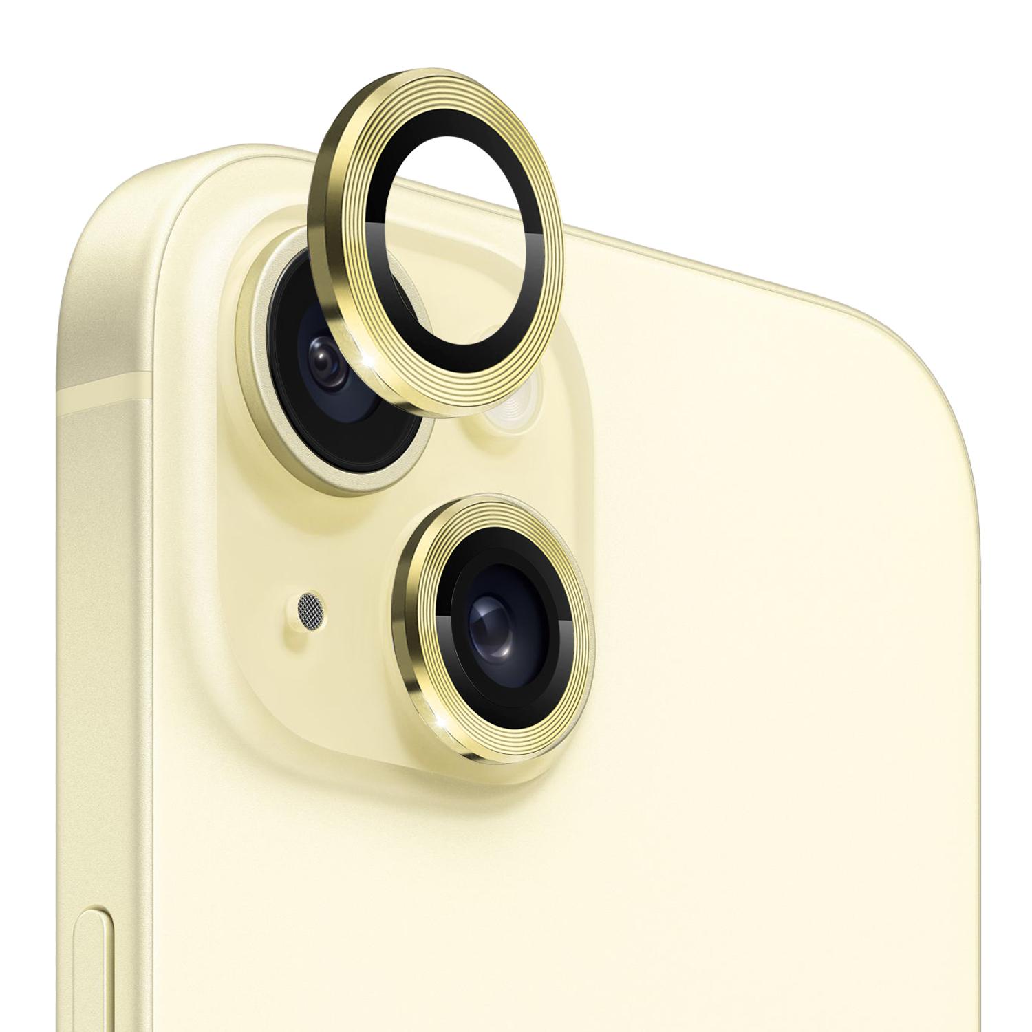 

NORTHJO 1 Set For iPhone 15/15 Plus Tempered Glass Camera Lens Protector with CD Vein Metal Ring Yellow