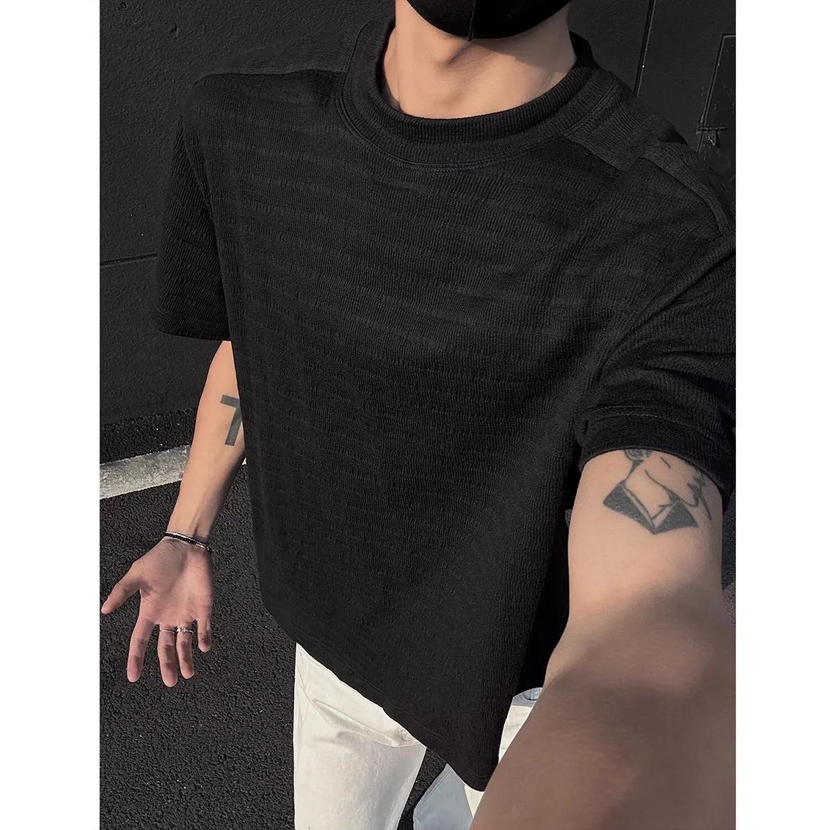 

Men s Black Wfle Knit Crew Neck T-Shirt Casual Oversized Short Sleeve Top XXXL чорний