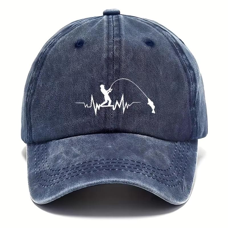 New Vintage Washed Black Baseball Cap Fishing Heartbeat Print Fashionable, Versatile And Comfortable