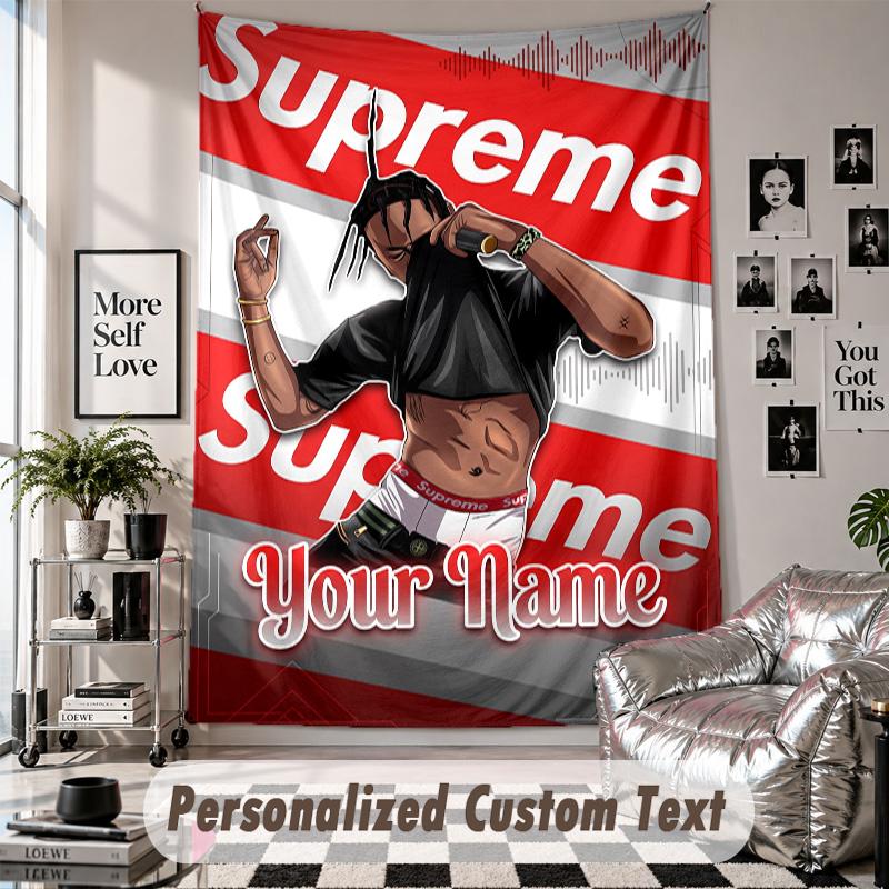 Wall Hanging Tapestry With Custom Name & Text, Travis Scott Decorative Tapestry For Bedroom