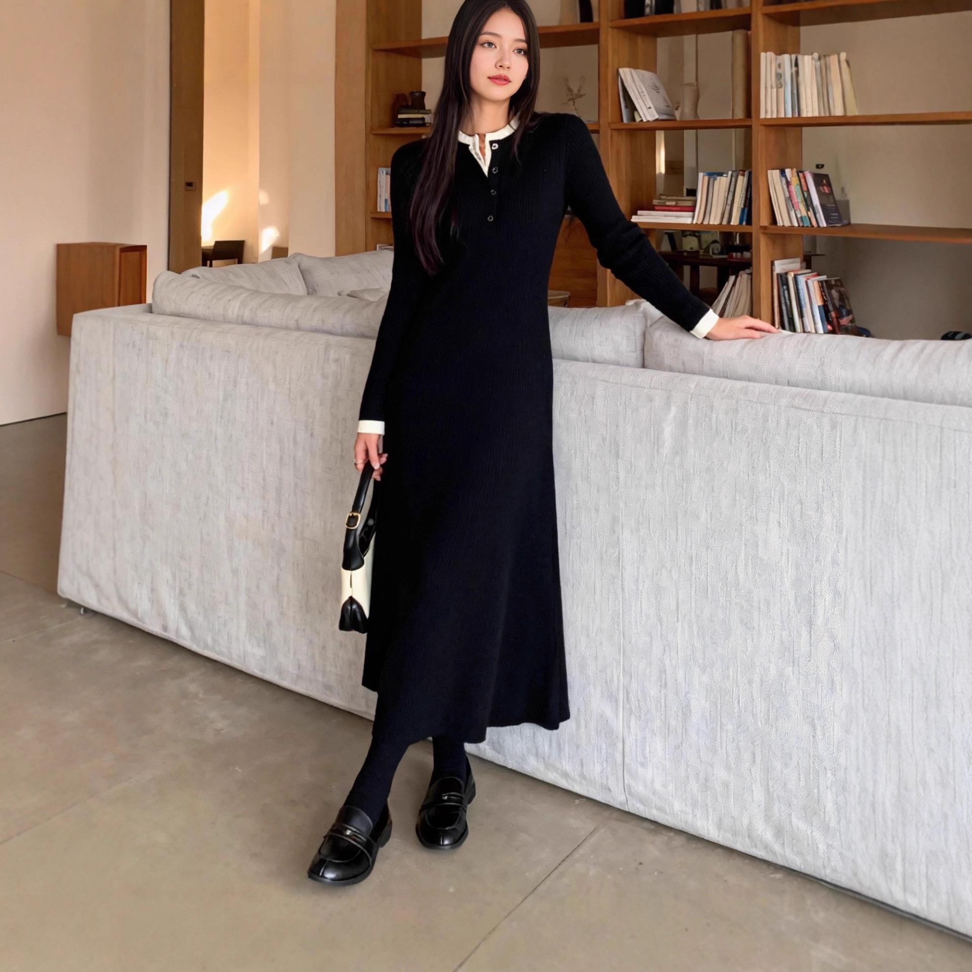 

French Retro Knit Dress: Women s Slimming Autumn/Winter Sweater, Long & Flattering Base Layer Small чёрный