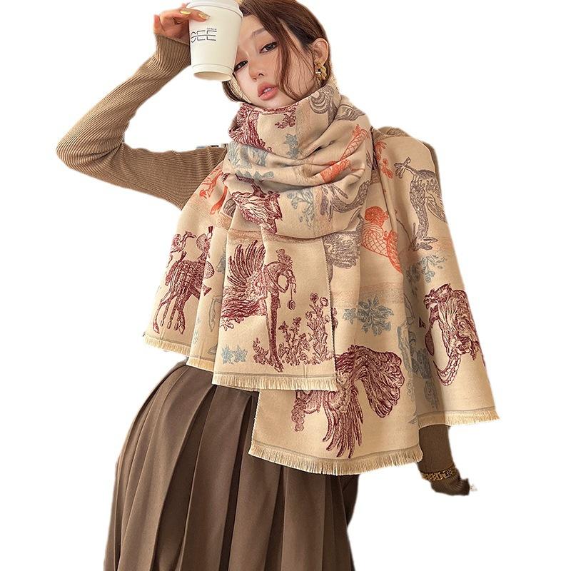 Winter Elegant and Fashionable Imitation Cashmere Scarf New All Creatures Double-sided Versatile Scarf Cold proof Warm Shawl