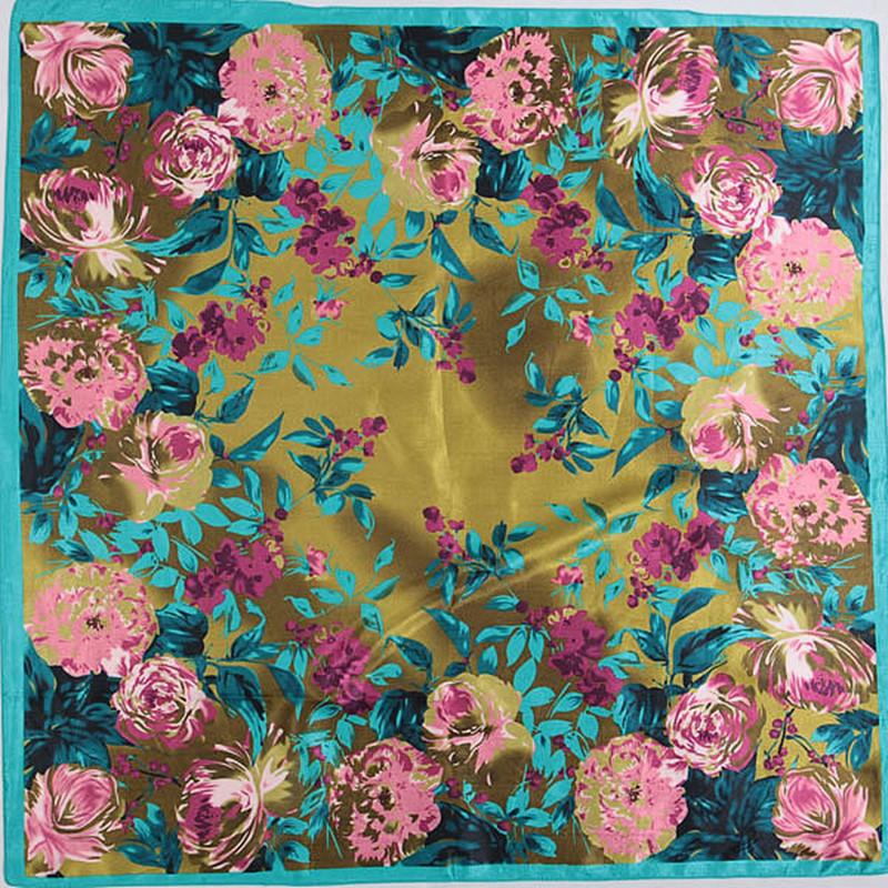 90*90cm Spring & Summer Elegant Court Rose Flower Square Silk Scarf Foulard Hijabs For Ladies