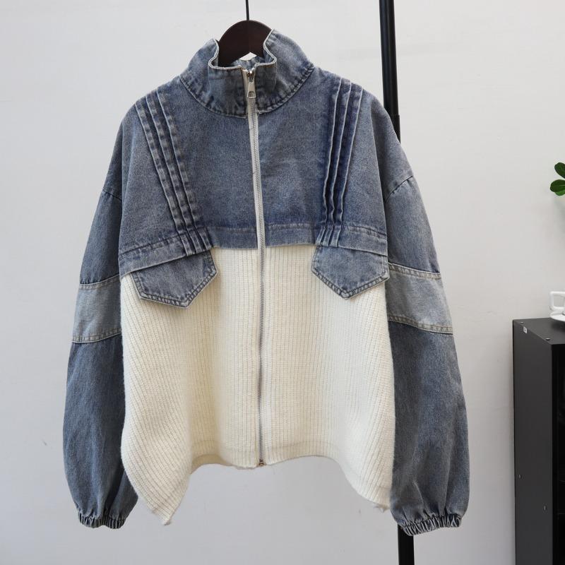 Autumn and Winter New Loose Casual Design Sweater Jacket Women's Zipper Splicing Denim Knitted Cardigan