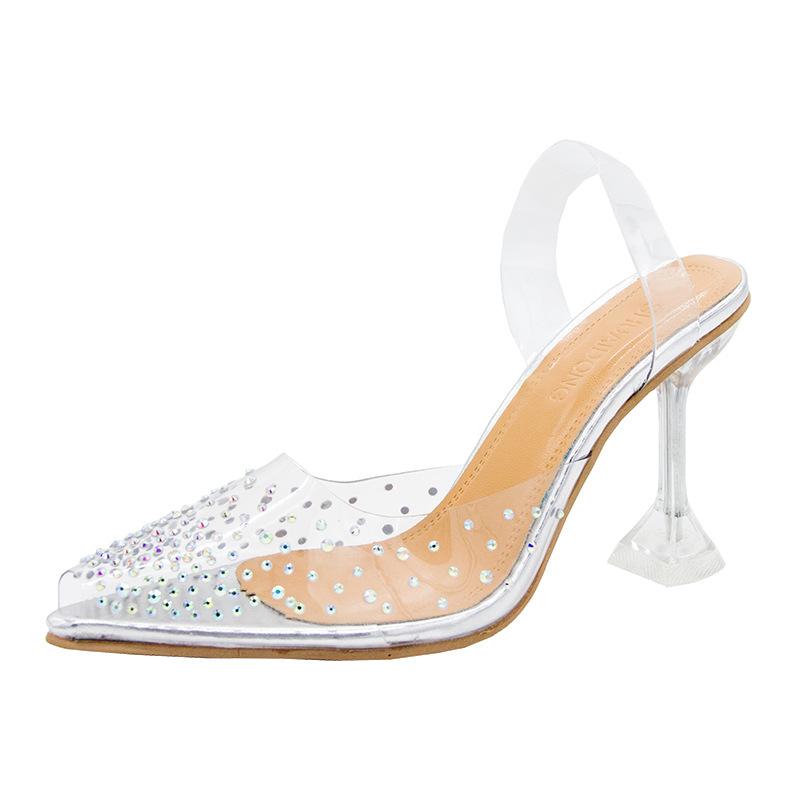 Large size pointed sandals women's summer new fashion rhinestone wine glass and high-heeled sandals transparent tide