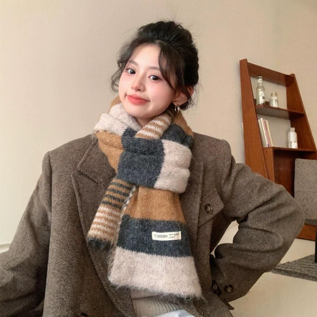 Color-Block Striped Knitted Wool Scarf Korean Style Women's Autumn Winter Versatile Thickened Warm Neck Warmer