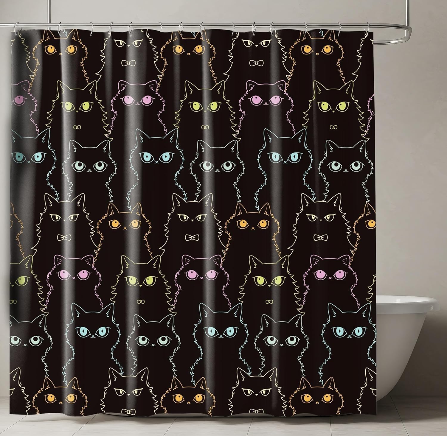 

Black Cat Shower Curtain – Glowing Eyes Pattern, Cute Animal-Themed Bathroom Decor For Halloween & Everyday Use W60H190(CM)-1 Pcs