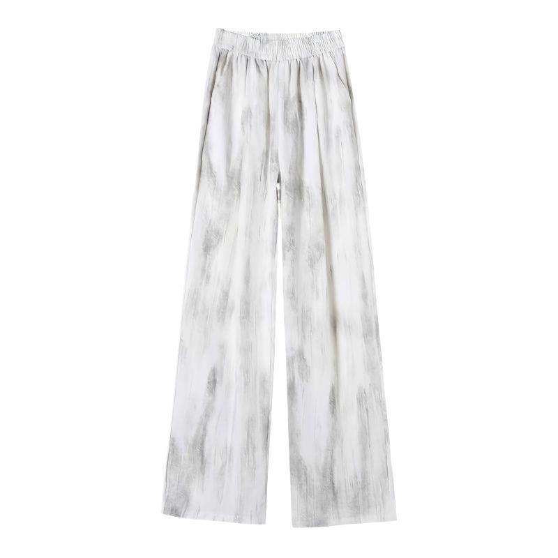 Damskie spodnie z lodowego jedwabiu tie-dye przeciw komarom - Letnie, z wysokim stanem, chroniące przed słońcem, Duże rozmiary, Codzienne, prosty krój.