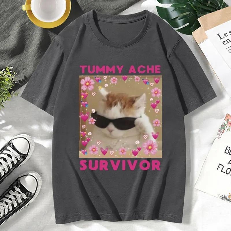 Retro Harajuku Tshirts Tummy Ache Survivor Funny Cat Meme T-Shirt Men's Women's Clothing Summer Cotton T Shirt
