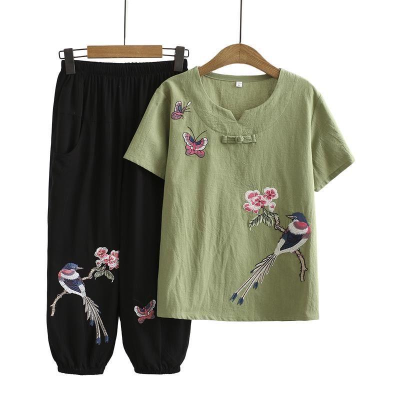 Two-piece Suit Mothers Summer Female Short-sleeved Loose Embroidery Clothing Sets
