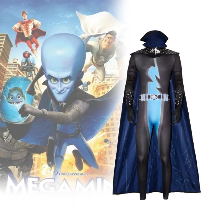 Megamind-Plüschkostüm für Superschurken-Cosplay aus kuscheligem Chenille-Stoff mit niedlichem Design. Erhältlich in verschiedenen Größen von S bis XXL.