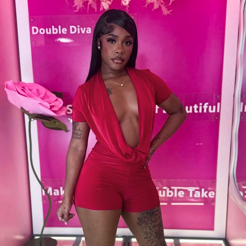D25RP581 Solid Color Slim Fit Sexy Deep V Drape Neck Short Sleeve Jumpsuit Shorts