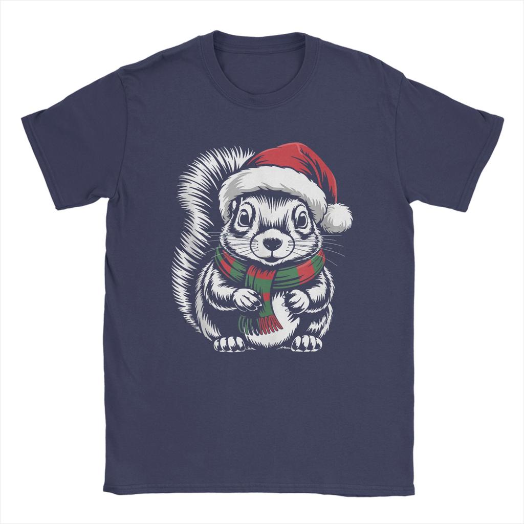 Leisure Squirrel Xmas Santa Hat Scarf Christmas T-Shirts for Men Crew Neck 100 Cotton T Shirts  Short Sleeve Tees Plus Size Tops