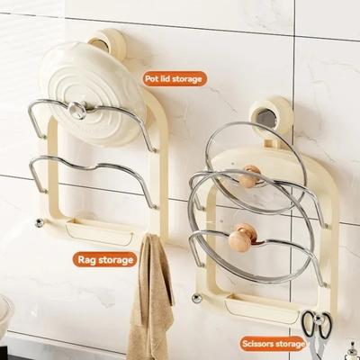 Wall Mounted Kitchen Shelf No Drilling Pot Cover Holder Multifunctional Cutting Board Holder Suction Cup Type Kitchen Organizer