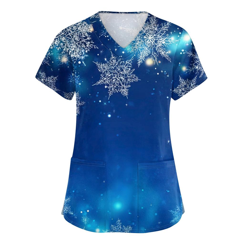 Women's V-neck Christmas printed short-sleeved pocket side-slit protective suit top
