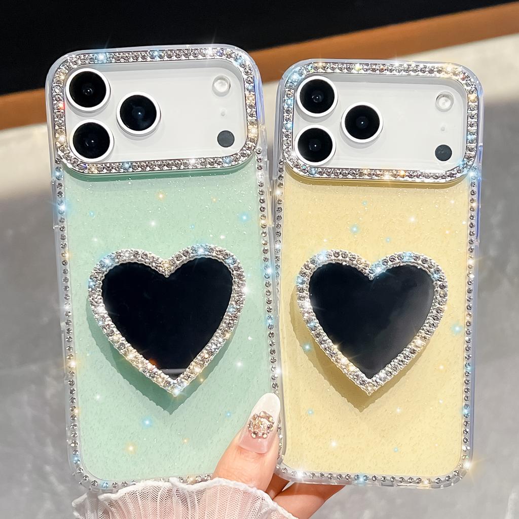 Diamond Frame Glitter Clear Phone Case For Iphone 16 Plus 15 14 13 Pro Max 16e 16promax 15promax 3D Love Heart Mirror Holder