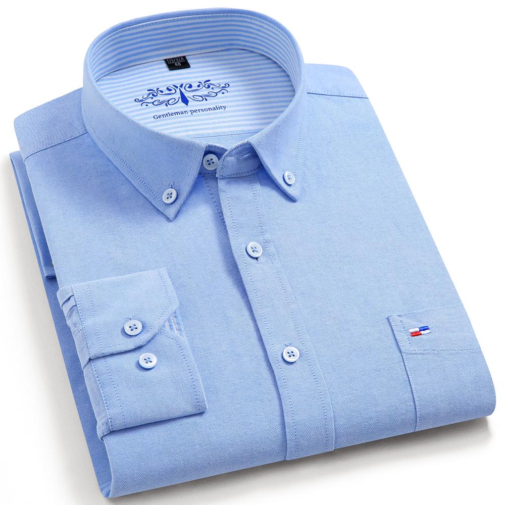 Men's Solid Oxford Long Sleeve Dress Shirts Patch Chest Pocket Regular Fit Spring Fall Smart Casual Button Down Shirts