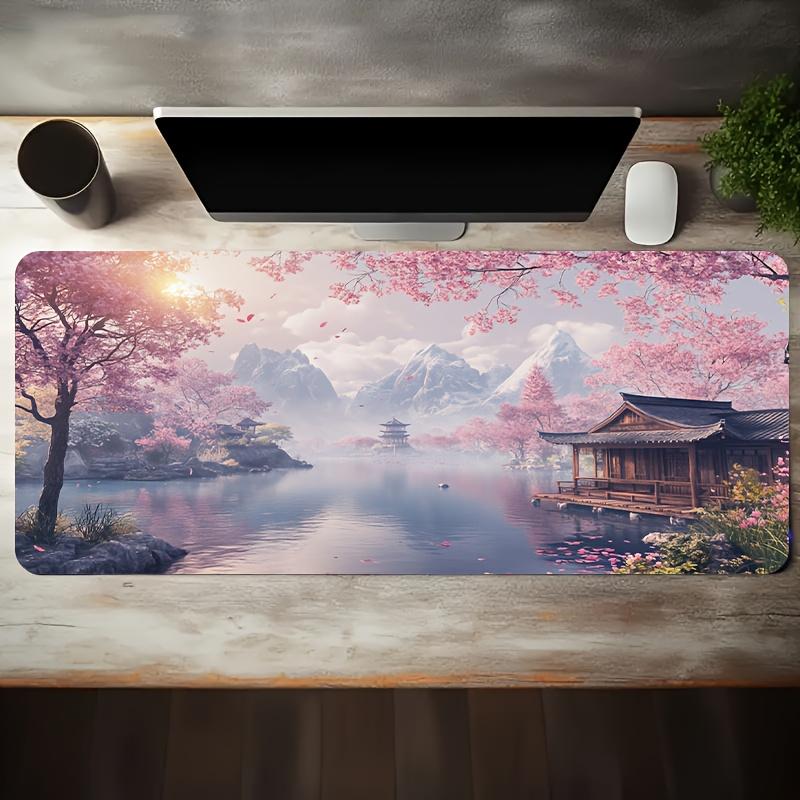Large Gaming Mouse Pad with Pink Cherry Blossom Landscape NonSlip Washable Rubber Base Smooth Desk Mat for PC Office