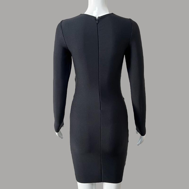 2023 Evropský a Americký Styl Dutý Design Crop Top Obvazové Šaty - Dlouhý Rukáv Bodycon Večerní Šaty pro Ženy