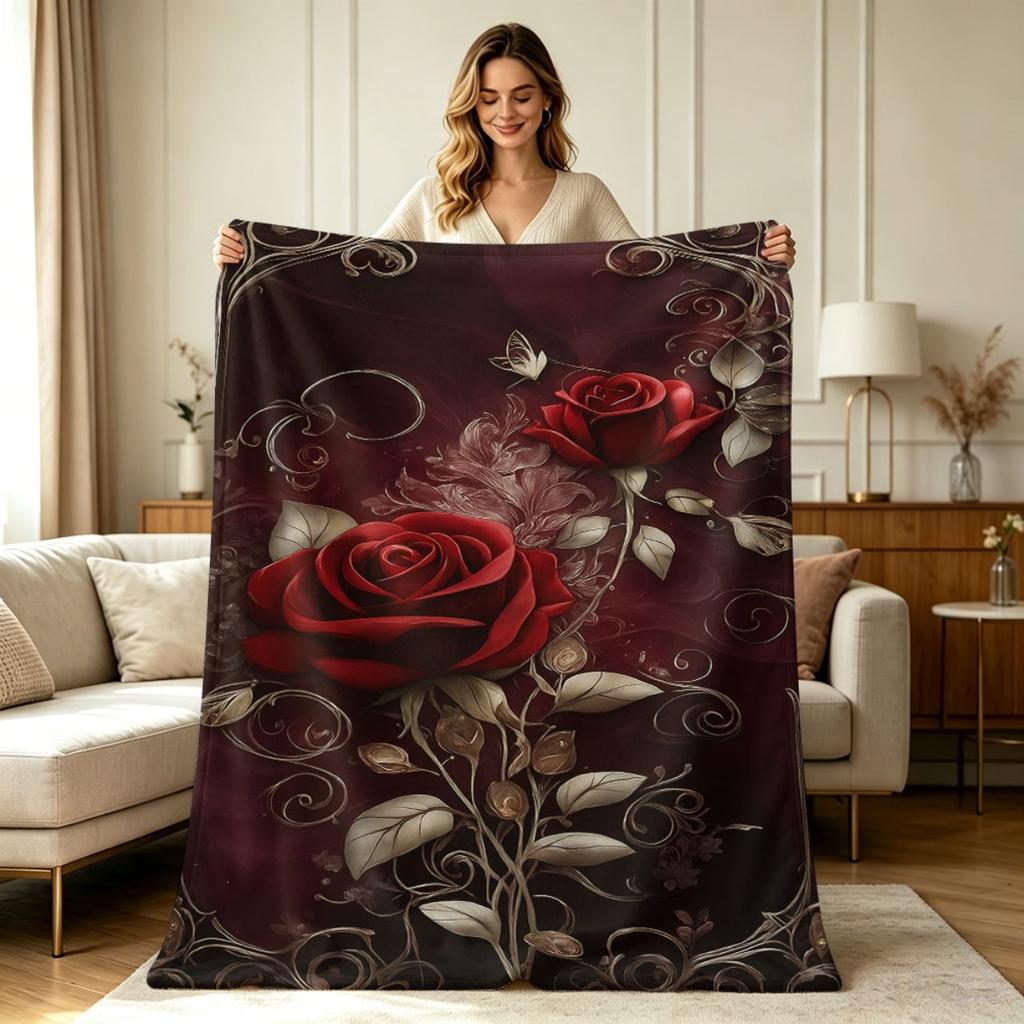 Soft Flannel Throw Blanket Vintage Dark Red Rose Floral Filigree Print All Season Warm Cozy Lightweight Decorative Blanket for Sofa Couch Bedroom Livi