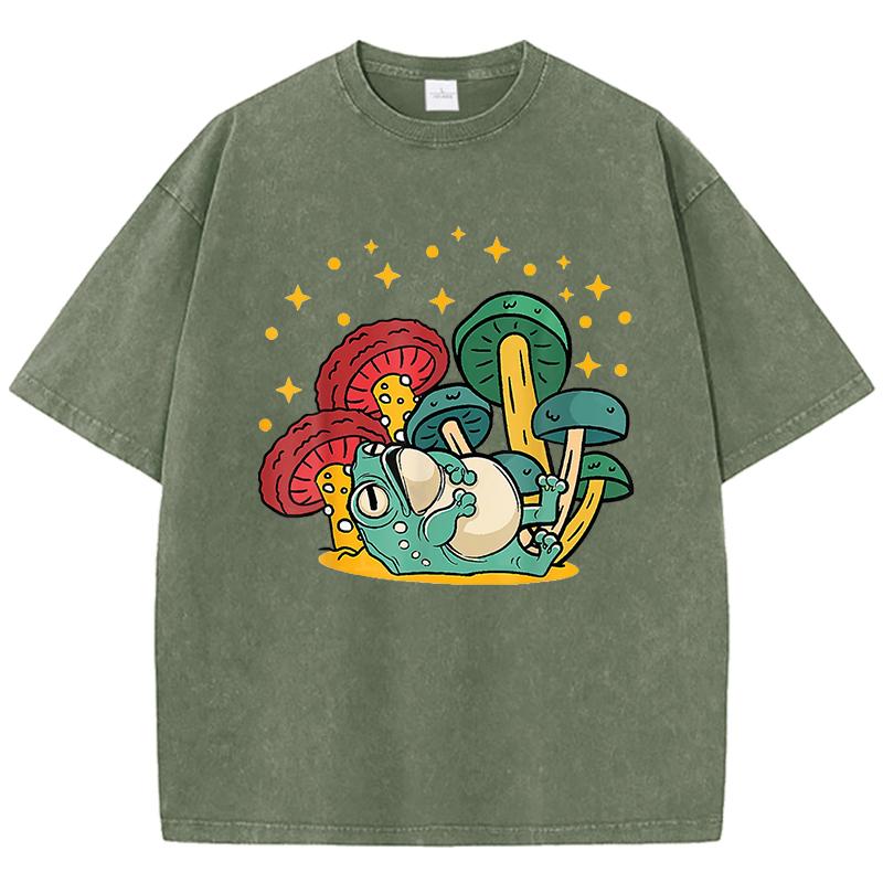 Pilz Cottagecore Ästhetik Frosch Aufdruck Gewaschenes T-Shirt Damen Sommer Locker T-Shirt Street Kurzarm Kleidung