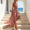 Yangyizhi Floral Chiffon Dress for Women, Halter Sleeveless Ruched Maxi Dress, Turtle Neck Wedding Guest Cocktail Evening