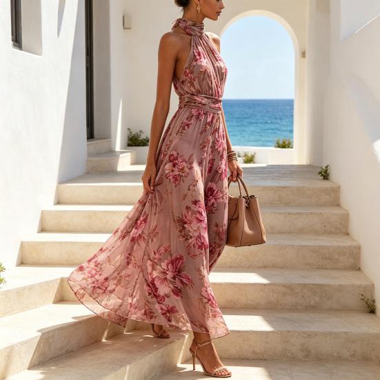 Yangyizhi Floral Chiffon Dress for Women, Halter Sleeveless Ruched Maxi Dress, Turtle Neck Wedding Guest Cocktail Evening