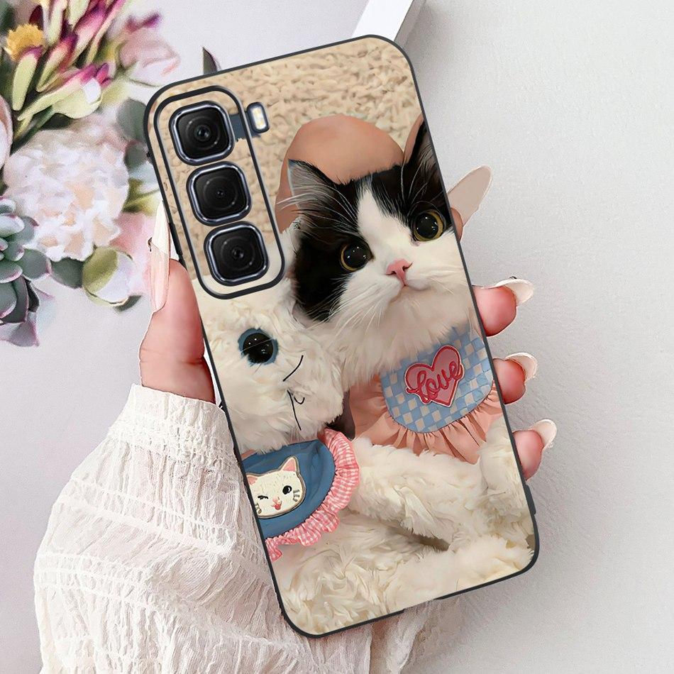 For Infinix Hot 50 4G Phone Case Hot 50 Pro+ 4G Hot50 Pro Elegant Floral Cat Pattern Black Silicone Soft TPU Cases