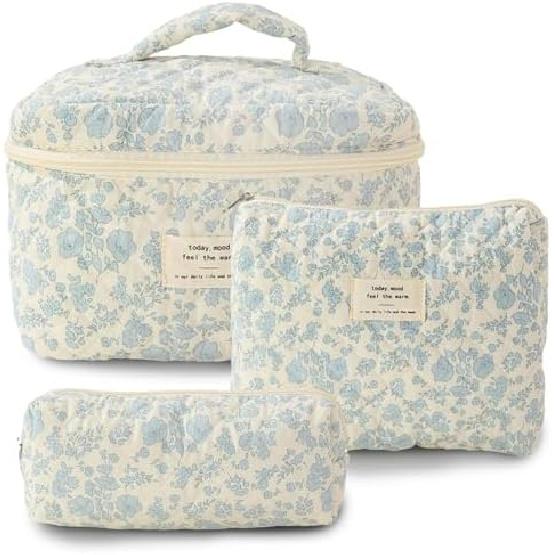 Makeup Cosmetic Bag 3 Pcs Cotton Quilted Makeup Bag Coquette Aesthetic Floral Toiletry Bag for Women (3PCS-A) 3pcs-a