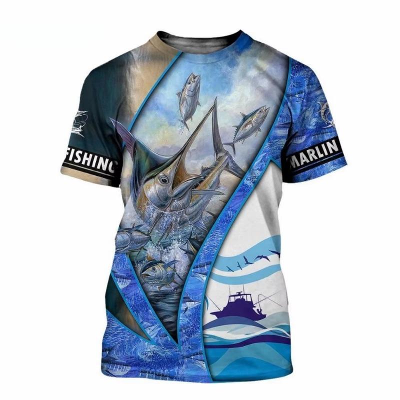 Men Shirts Graphic Tee Fish Print Short Sleeved T-shirt for Men Fish Graphic