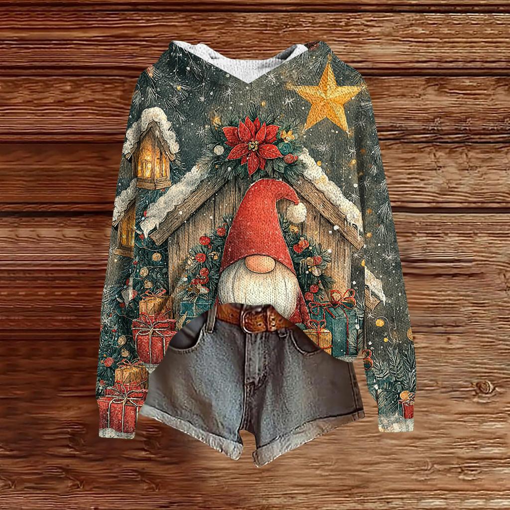 Women's Fashion Casual Long Sleeve Christmas Print Hooded Knitted Sweatshirt
