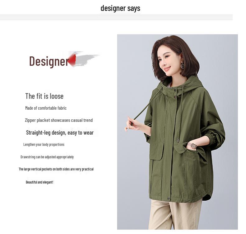 2024 Women's Plus Size Hooded Cotton Trench Coat - Spring & Autumn Casual Mid-Length Style