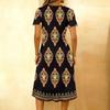 Women's Fashionable Retro Printed Round Neck Short Sleeved Button Neck Mid Length Casual Dress