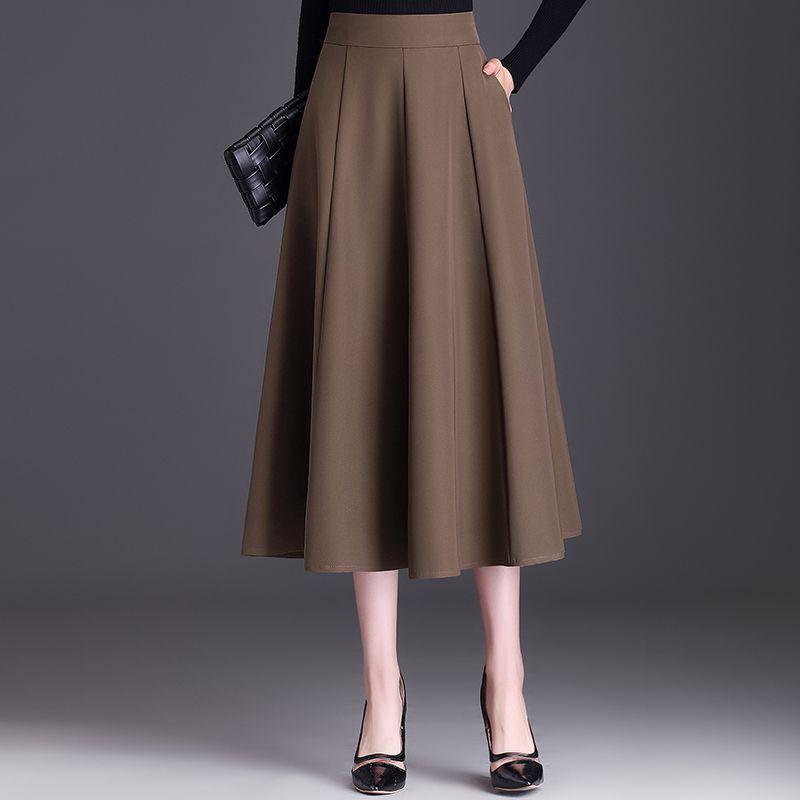 Autumn/Winter High-Waist A-Line Wool Skirt for Middle-Aged Women - Slimming Wide-Hem Pleated Skirt