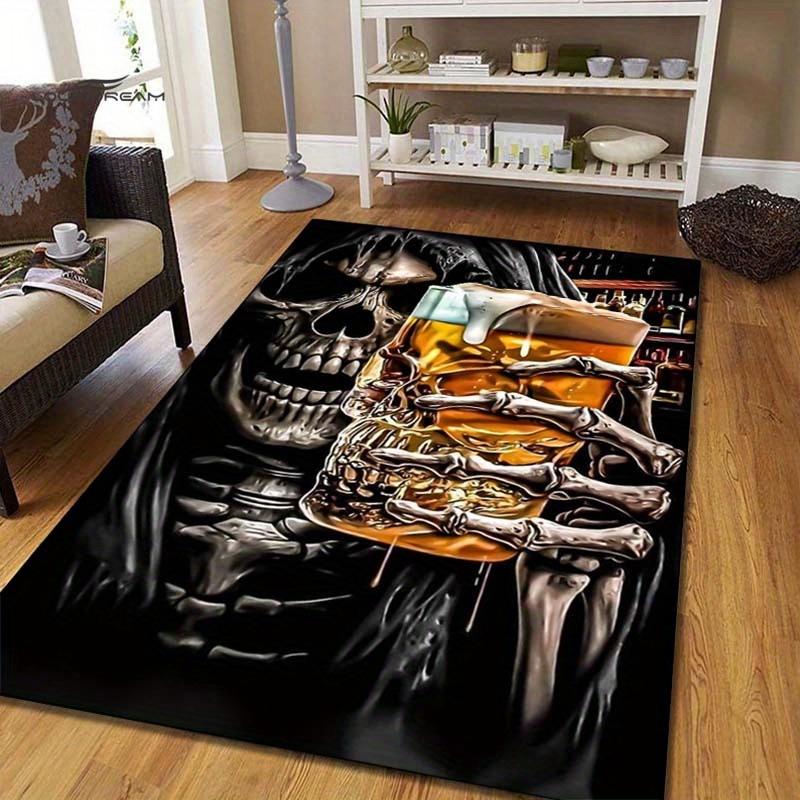 Skull with Whiskey Glass Rug for Man Cave Decor - Bold Skeleton Art Carpet | Masculine Interior Design Skid resistant carpet