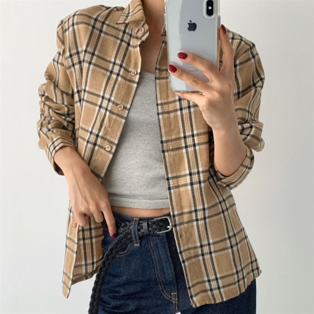 New Arrivals Open Run Women Autumn Check Shirt Basic Fit