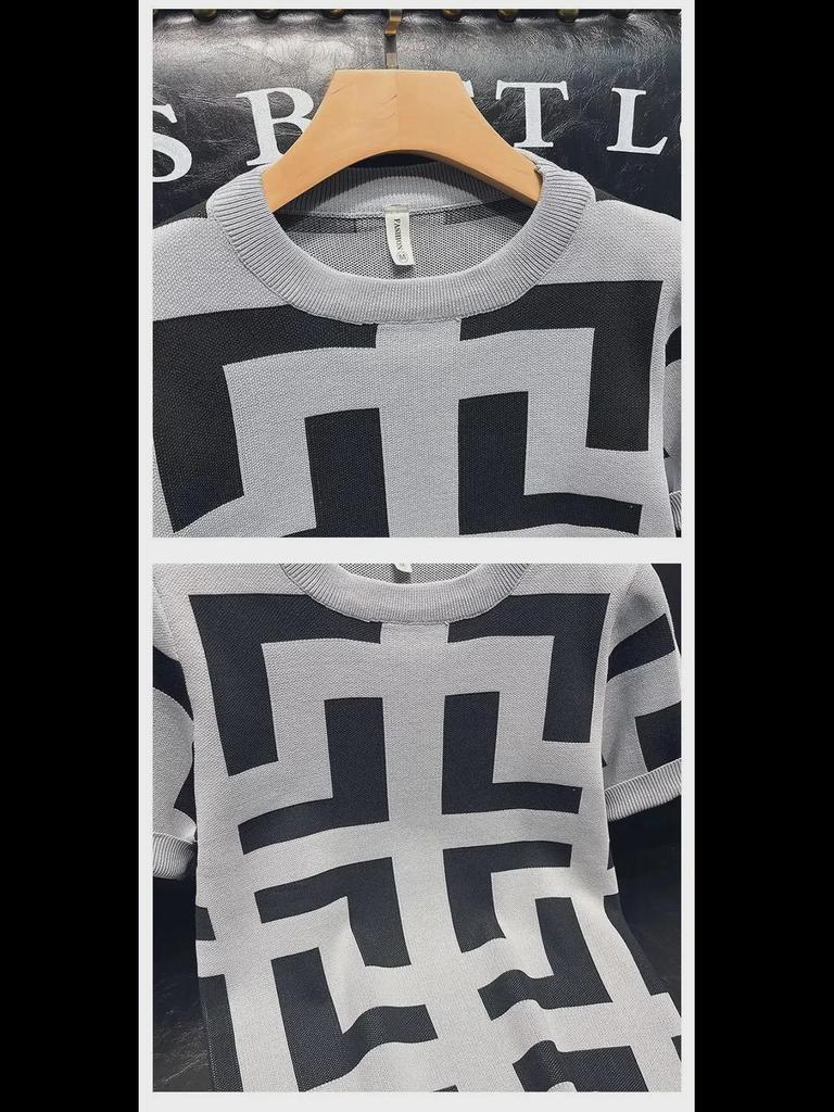 Men's Slim Geometric Pattern Short-Sleeve Top for Spring and Autumn