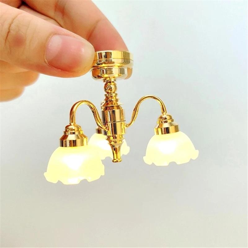 1/12 Dollhouses Chandelier 3 Head Ceiling Lamp LED Light Model with Gold Base Designs for Living Room Scene Decors