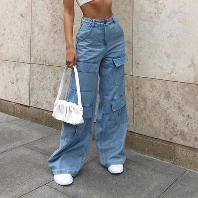 Women Jeans High Waist Button Zipper Fly Straight Wide Leg Denim Pants with Multi Pockets Design Solid Color Denim Trousers
