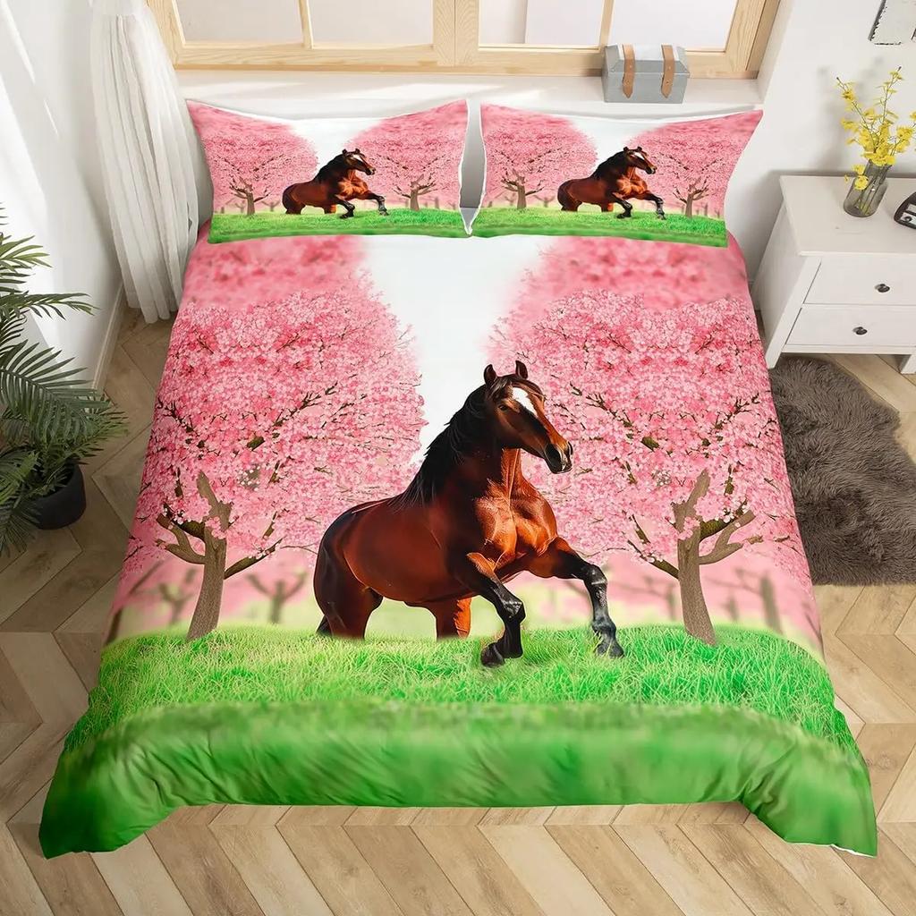 Pferde-Bettwäsche-Set für Mädchen Rustikales Bauernhofpferd Bettbezug Queen Rosa Kirschblüten-Deckenbezug Farbverlauf-Tagesdecke