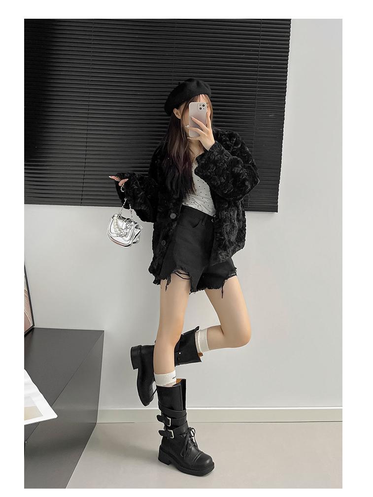 2025 Autumn/Winter Women's Retro British Mid-Calf Lace-Up Belt Buckle Martin Boots - Thick Sole, Height Increasing Western Style