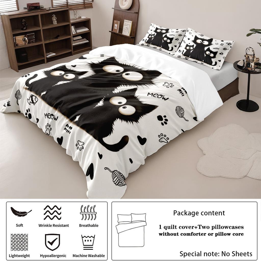 3pc Black Cat Printed Bedding Set with Coreless Soft and Comfortable Multi Size Machine Washable 1 Duvet Cover+2 Pillowcases