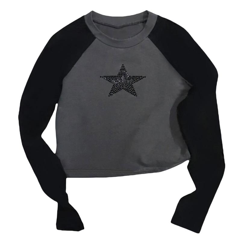 Europäisches und amerikanisches Sternmuster für Frühling und Herbst, Hot-Diamond-Langarm-T-Shirt, Slim Fit, personalisiertes kurzes Oberteil für Damen