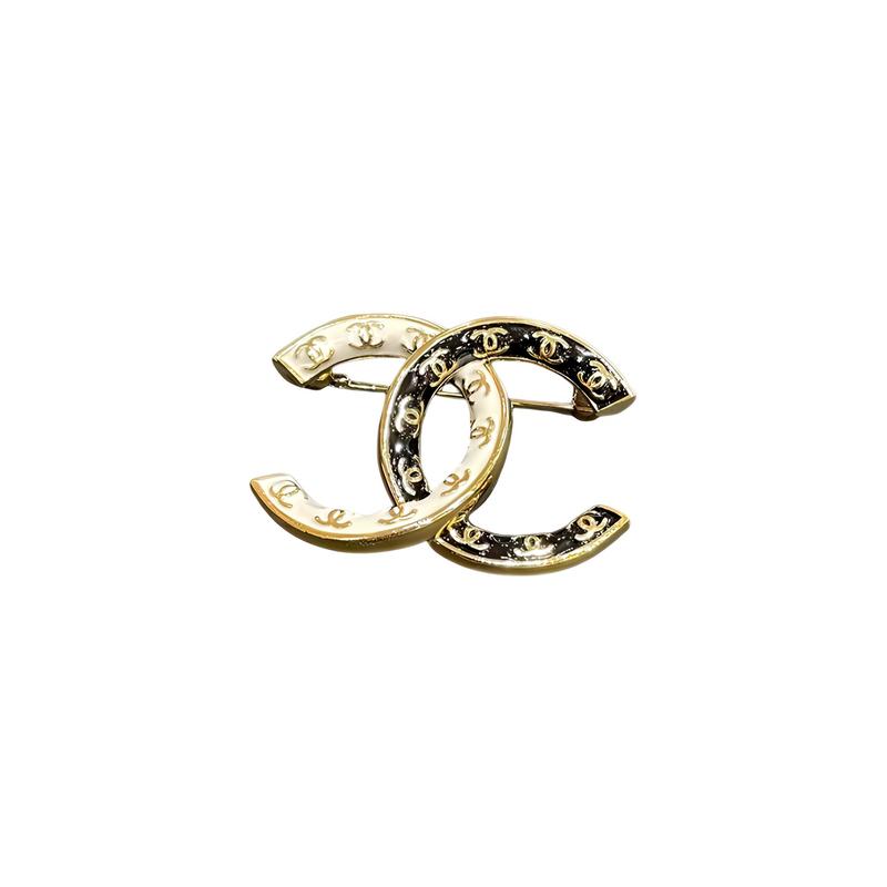 CHANEL [24P New Product] Double C Logo Brooch Women's Gold, White and Black