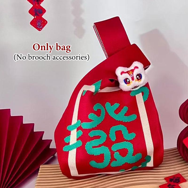 2026 Neujahr Cartoon Maskottchen Pony Gestrickte Geschenktasche Handheld Süßigkeitentasche Große Kapazität Knoten Handgelenktasche Niedliche Wiederverwendbare Einkaufstaschen