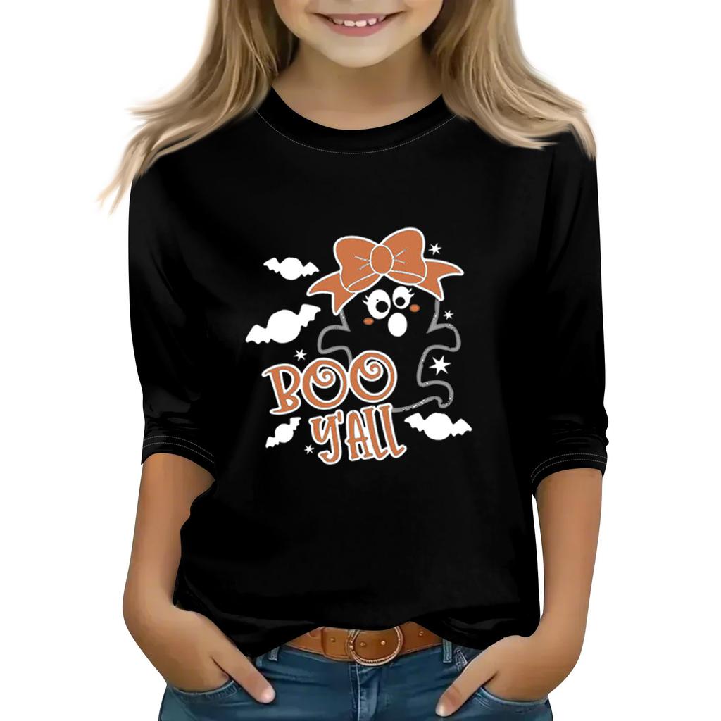 Print Tops For Youth Girls Round Neck 3/4 Sleeves T-Shirts Trendy Tops Outfit Tees